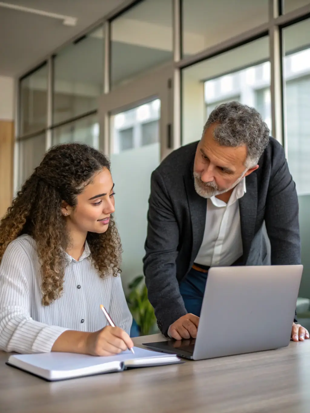 Sonia Asapokhai mentoring a young entrepreneur in a modern office setting, providing guidance and support.