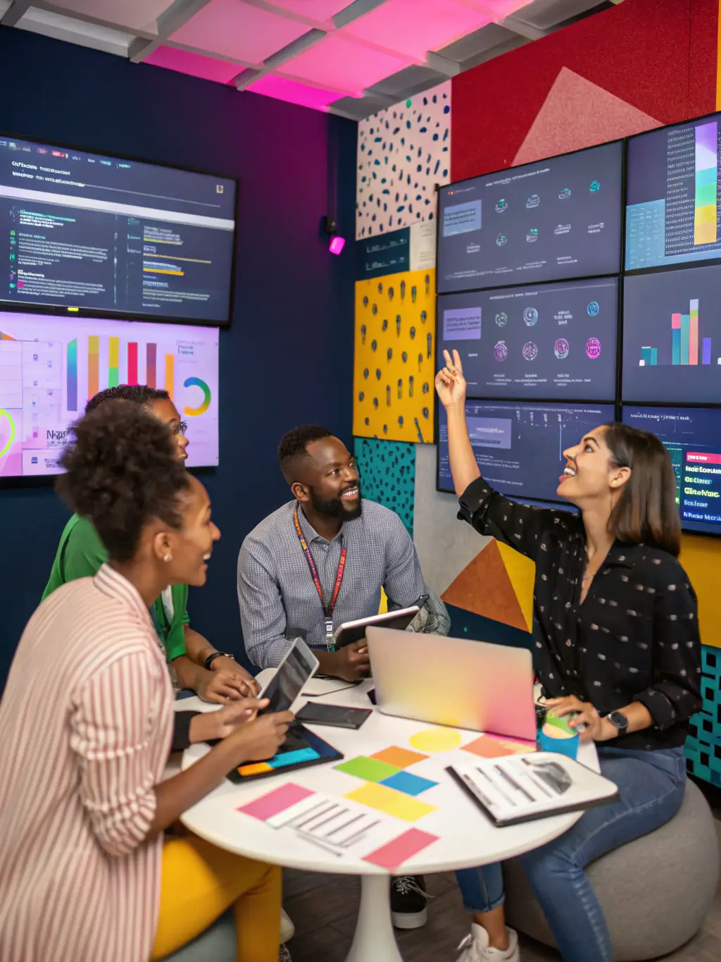 A vibrant image of a tailored business workshop in progress, with participants actively engaged in a brainstorming session, reflecting the collaborative and insightful nature of Sonia Asapokhai's workshops.